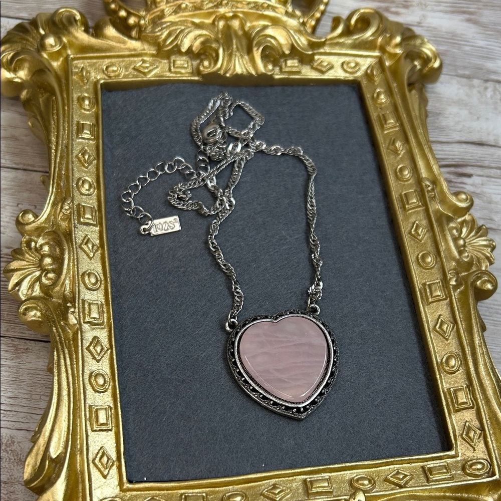 1928 Silver Heart Pendant Necklace with Pink Stone